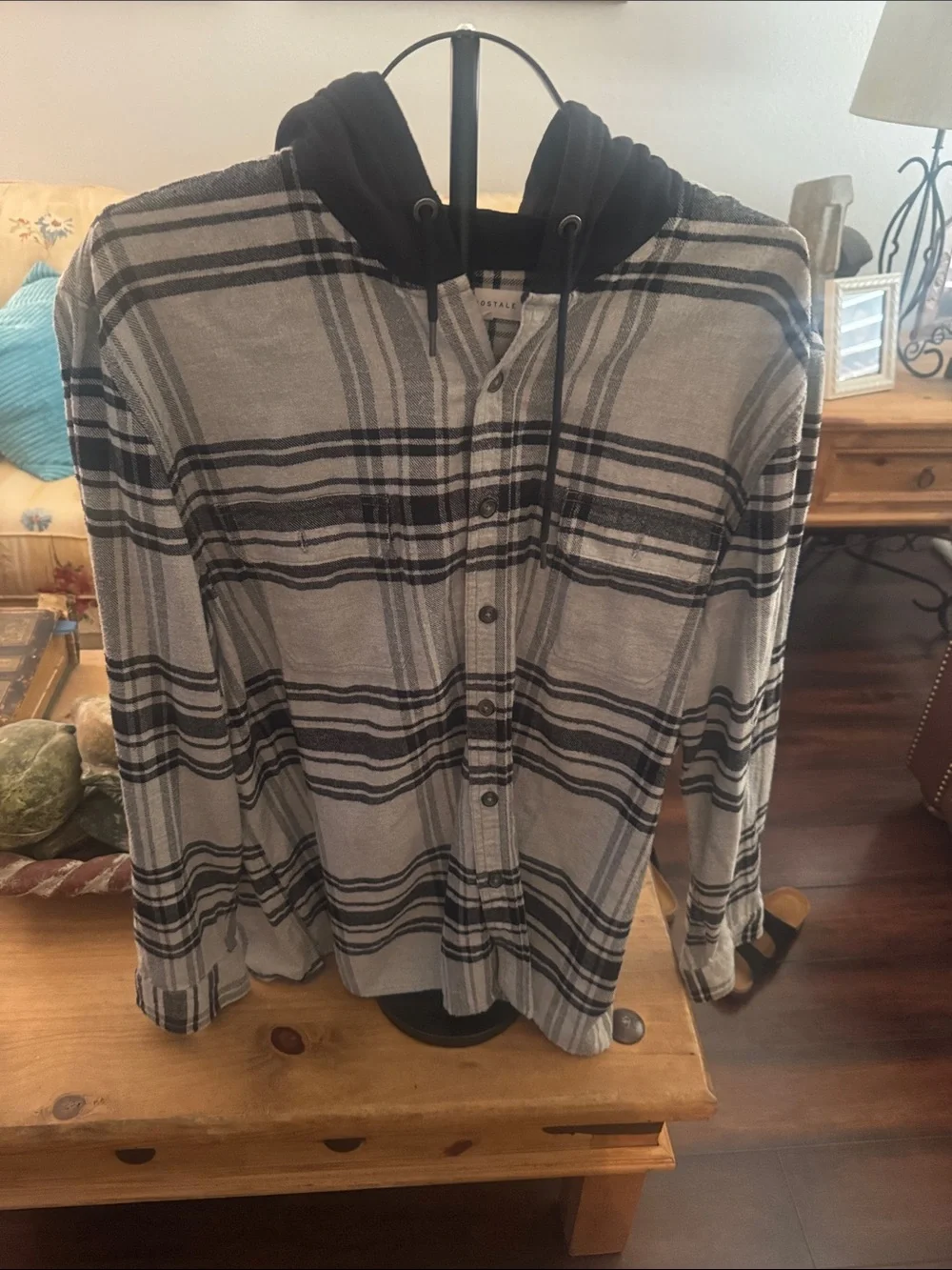 Aeropostale Gray and Black Plaid Hooded Shirt Jacket